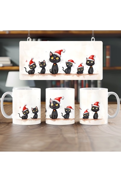 Beramussa كوب بتصميم قطط سوداء مع قبعة عيد الميلاد - كوب هدية يعكس روح العام ...