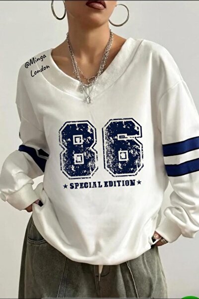 Minga London Hanorac oversize unisex alb 86 cu decolteu în V imprimat