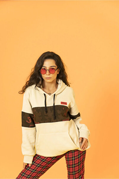 Nani Collection Taş Rengi Bordo Parça Desenli Oversize Unisex Sweatshirt (M)