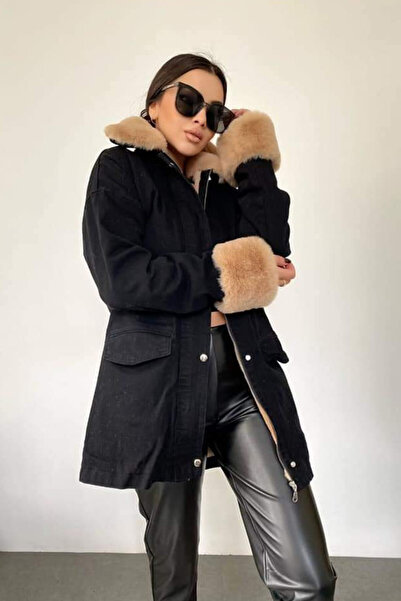 FashionForYou Andra long jacket, made of black denim, with cream fur