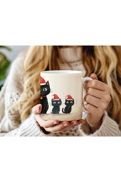 Beramussa Yeni Yıl Temalı Siyah Kedi Desenli Kupa Bardak – Noel Şapkalı Kedil...