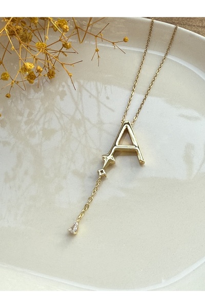 Blotch Uzak Şehir Popüler Sallantılı Zirkon Taş Detaylı A Harf Çelik Kolye 2 cm