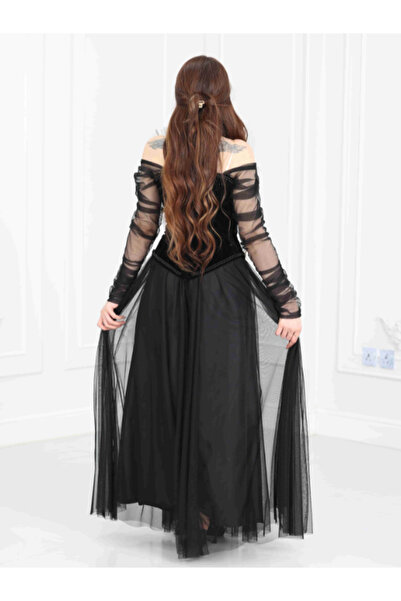 Nice Model Black Velvet Tulle Evening Dress Off Shoulder Long Sleeve Formal Gown Stone Embellished Elegant
