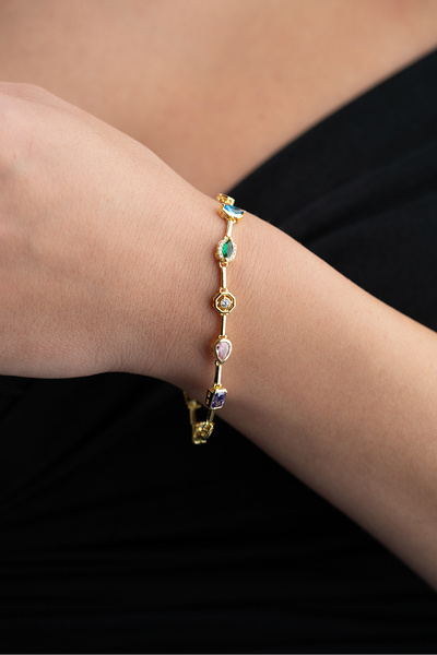 ESSARE 925 Ayar Gümüş Gold Kaplama Renkli Zirkon Taşlı Bileklik