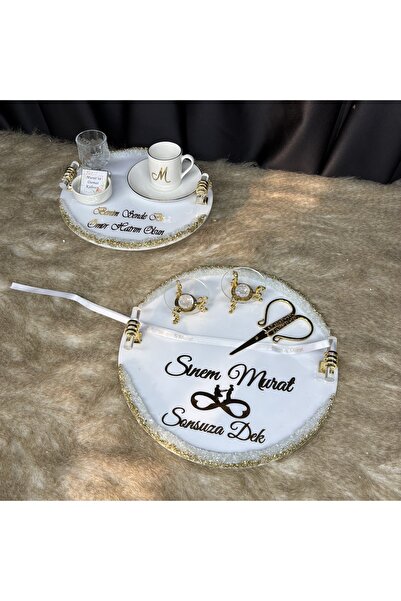 ZEKAAVM İkili epoksi söz nişan tepsi takımı isimli kurdele hediyeli