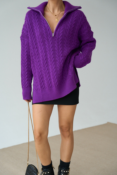 LOOSH Kadın Mor Fermuar Yaka Saç Örgü Desenli Premium Doku Overisize Kazak