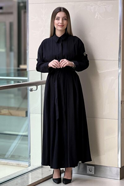 Ceremony Shirt Dress with Stone Detail on the Sleeve, Buttoned Front and Belted Waist