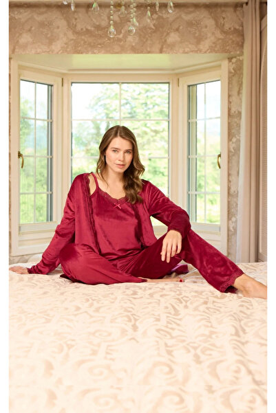 Pijamoni Kadın Fransız Kadife 3'lü Şık Askılı Bordo Pijama Takımı - 5545