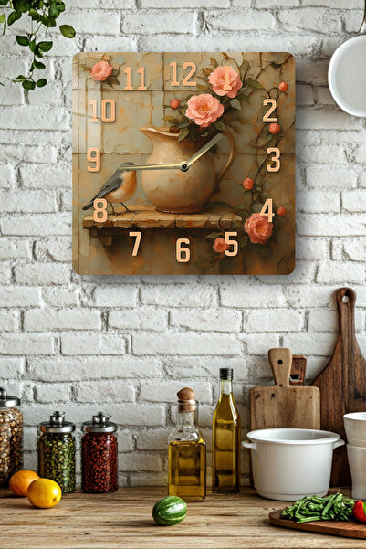 kutuTR Pink Rose Bird and Jug Themed Tempered Glass Square Clock 33X33 cm Size Uv Printing - Kcs042