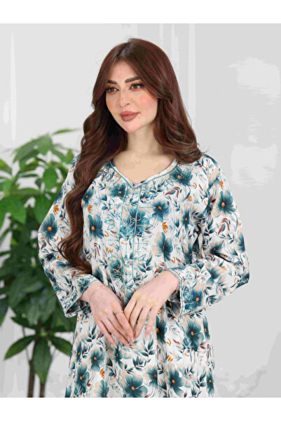 Nice Model Modest Floral Maxi Dress Long Sleeve V-Neck Loose Fit Elegant Women's Home Wear Caftan Abaya