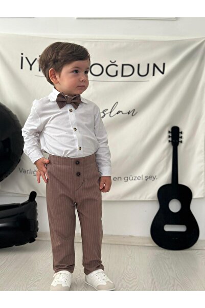 Z KİDS Kahverengi Çizgili Gömlek Pantolon Papyonlu Erkek Bebek Çocuk Takım