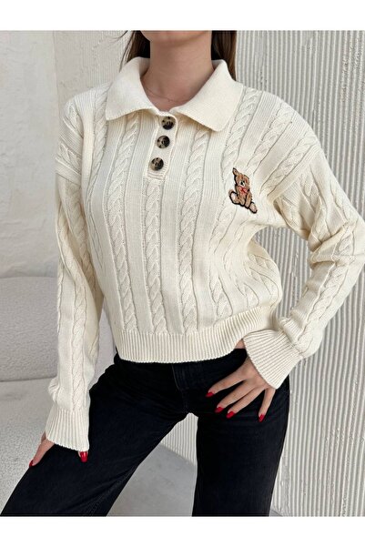 Hazinedan Women's Teddy Bear Embroidered Hair Braided Buttoned Knitwear Sweater