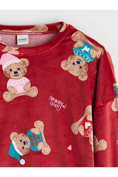 LC Waikiki Bisiklet Yaka Kadife Kız Çocuk Pijama Takımı (W5)