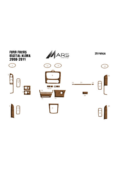 Marscockpitdesign غطاء كونسول فورد فوكس 2008-2011 (تكييف رقمي) 29 قطعة