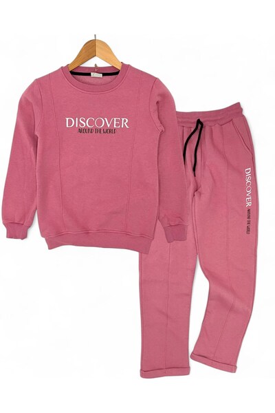 VOY KİDS Girl's Winter 3-Layered Hooded Tracksuit Set for Ages 10-11-12-13-14