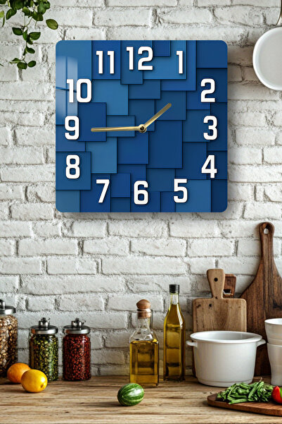 kutuTR Geometric Blue Pattern Tempered Glass Square Clock 33X33 cm Size Uv Printing - Kcs050