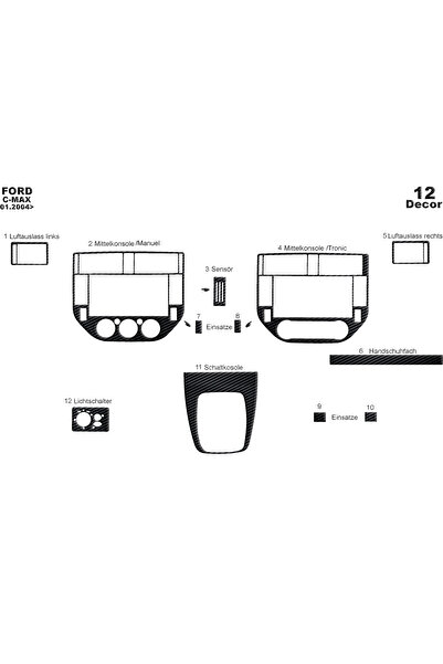 Marscockpitdesign غطاء كونسول فورد سي ماكس 2004-2010 12 قطعة (مكيف هواء رقمي)