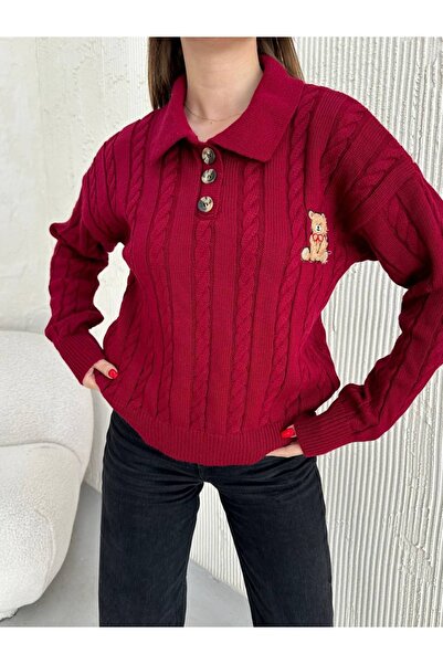 Hazinedan Pulover tricotat cu nasturi împletit cu păr brodat cu ursuleț pentr...