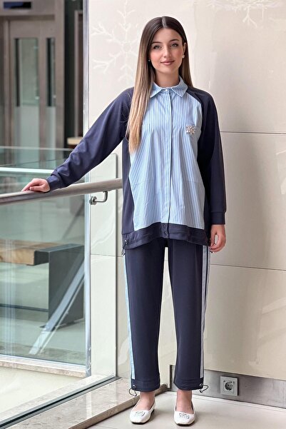 Mahal Crochet Knitwear Striped Poplin Mix Trouser Set