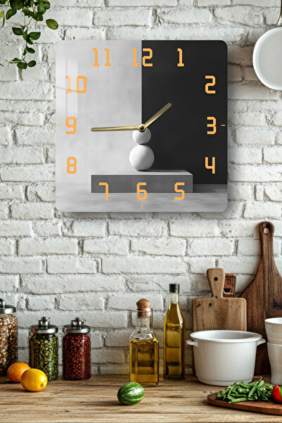 kutuTR Black and White Minimal Sculpture Themed Tempered Glass Square Clock 33X33 cm Size Uv Printing - Kcs040