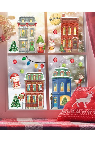 Sticker Sepetim Christmas Snowy Town and New Year's House Glass Sticker Set – Winter and New Year Window Decoration