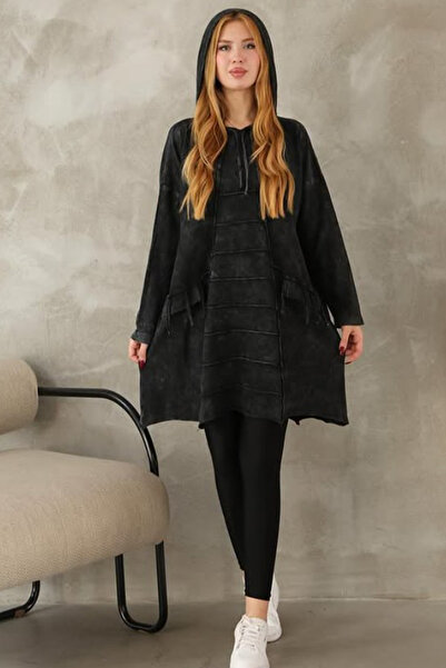 AYASOFYA OTANTIK Women's Black Hooded Distressed Oversized Loose Long Knit Blouse Tunic