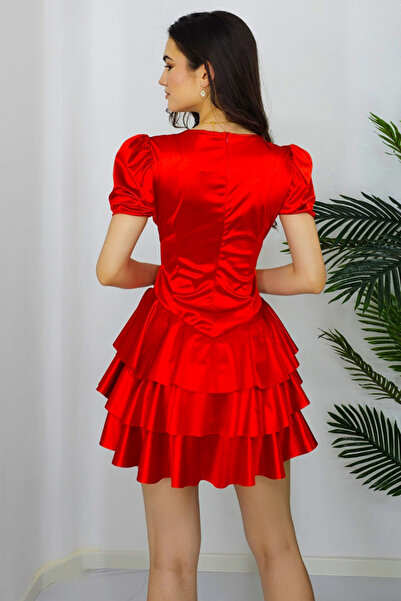 FashionForYou Thora satin dress, with ruffles and short, slightly puffy sleeves, Red
