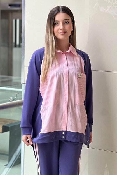 Mahal Crochet Knitwear Striped Poplin Mix Trouser Set