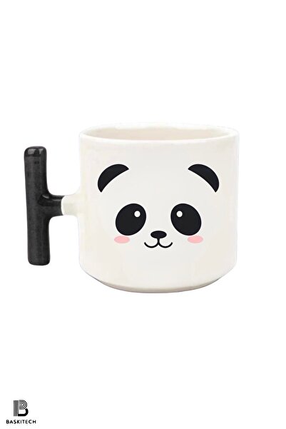 FenerciHediyelik Panda Printed Black T Handle Mug Cup