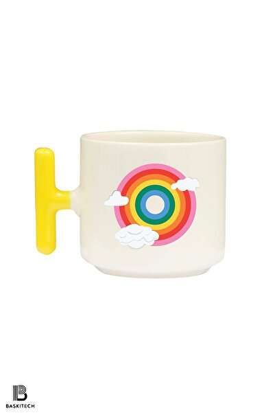 FenerciHediyelik Rainbow Printed Yellow t Handle Mug
