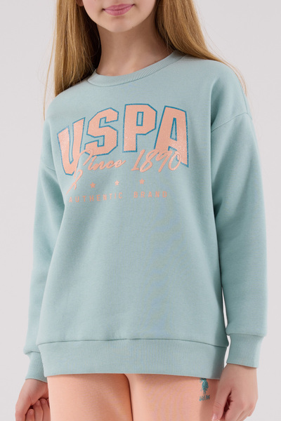U.S. Polo Assn. Girl's Crew Neck Printed 3 Thread Raised Water Green Top and Bottom Set