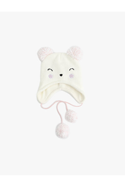 Koton Knitted Beanie with Pom-Pom and Embroidered Cat Figure