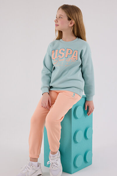 U.S. Polo Assn. Girl's Crew Neck Printed 3 Thread Raised Water Green Top and Bottom Set