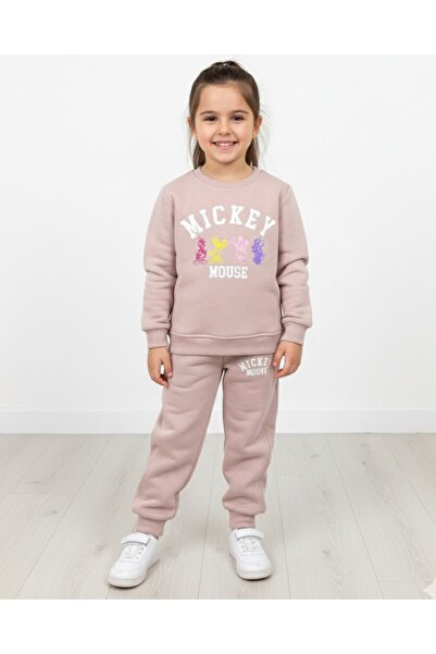 VOY KİDS Girl's Winter 3-Layered Hooded Tracksuit Set for Ages 2-3-4-5-6 with Mickey Print on Top and Bottom