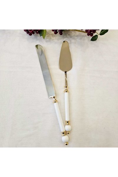 MaviDamla 5-Piece Serving Set with Gold Detail Porcelain Handle Titanium