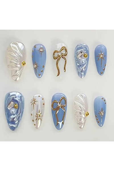 PİRAYE AKSESUAR 24'lü Mavi Beyaz Jel Kabartmalı Silver Charm İşleme Uzun Badem Protez Görünümlü Takma Tırnak