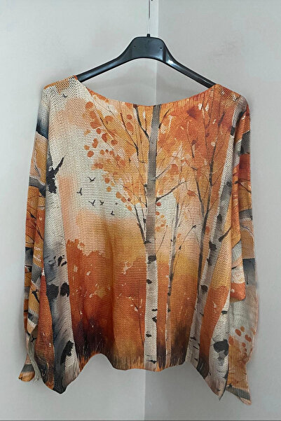 AYASOFYA OTANTIK Women's Italian Orange Glitter Forest Pattern Bat Sleeve Mercerized Blouse Sweater