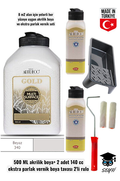 SEYFİKİRTASİYE 500 ml Multi Surface Akrilik boya 2 adet 140 ML parlak vernik seti mobilya dolap boyama seti tavalı