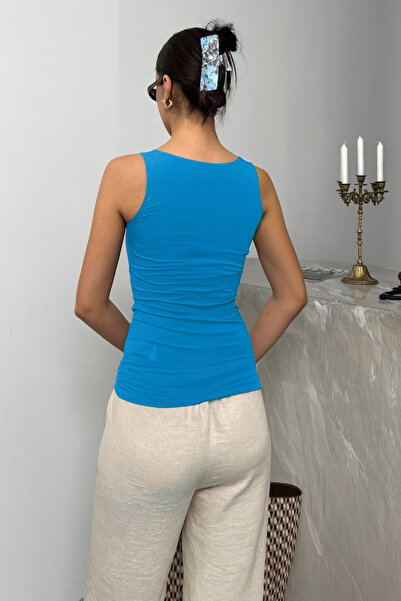 LACHT Γυναικεία μπλούζα με χοντρό λουράκι μπλε βαμβακερή βασική λύκρα με λεπτή εφαρμογή