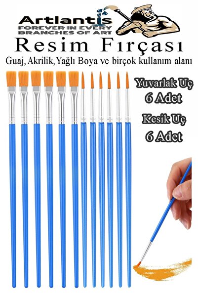 Artlantis Resim Fırçası Kesik ve Yuvarlak Uçlu 12 Adet Sentetik Fırça Ekonomi...