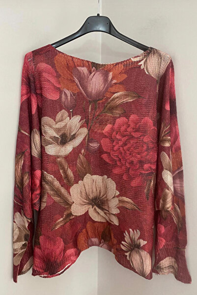 AYASOFYA OTANTIK Bluză pulover pentru femei, italiană, burgundă, cu sclipici, cu model de bujor, cu mâneci liliac, mercerizată