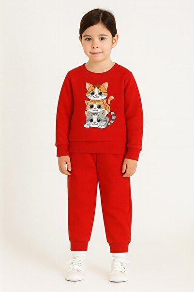 MODA Kışlık Kız Erkek Çocuk Eşofman Takımı yavru kedi baskılı 3 4 5 6 7 8 9 10 11 12 yaş Unisex
