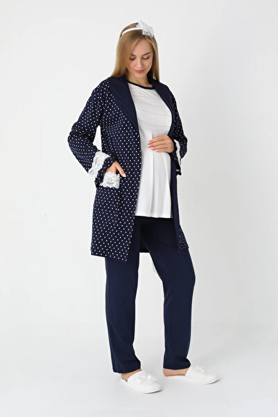 Lohussa Set de pijamale pentru femei, albastru bleumarin, cu guler șal, cu mâ...