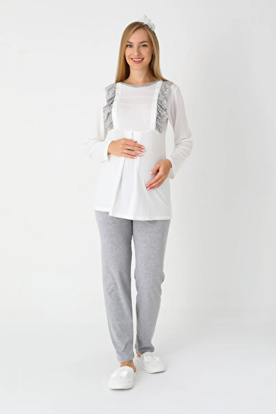 Lohussa Women's Gray Shawl Collar Polka Dot Winter Long Sleeve Special Design Maternity Pajama Set