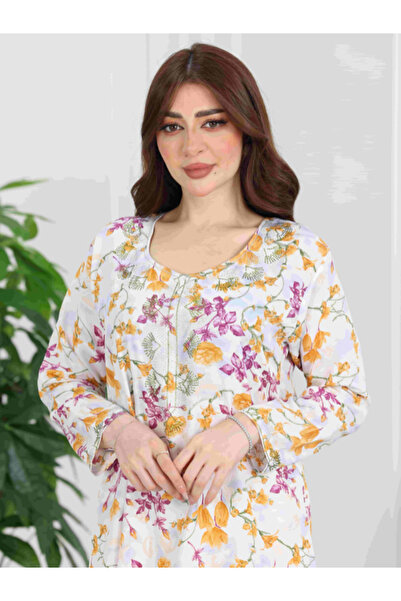 Nice Model فستان ماكسي أبيض بأكمام طويلة مزين بنقشة زهور باللون الأصفر والأرجواني، مناسب للمنزل النسائي، بتصميم أنيق وفضفاض