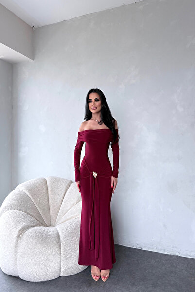 kamacibutik MADONNA YAKA KENDİNDEN KUŞAKLI SANDY ELBİSE