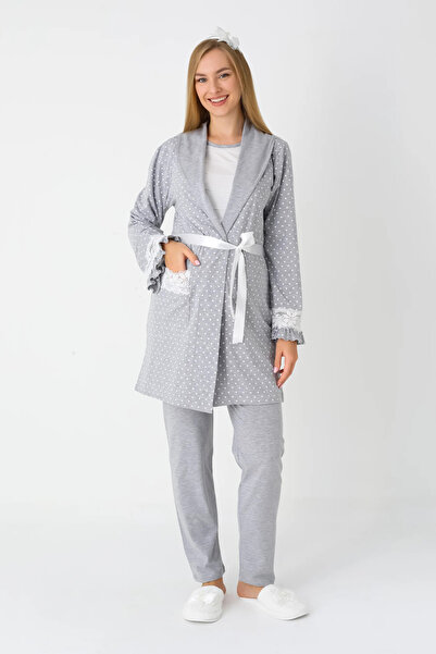 Lohussa Women's Gray Shawl Collar Polka Dot Winter Long Sleeve Special Design Maternity Pajama Set