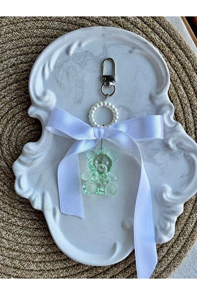 PEONY peonyofficiall Green Bear Bag Ornament Pearl Detailed White Bow Keychain Silver Clip Wallet Accessory