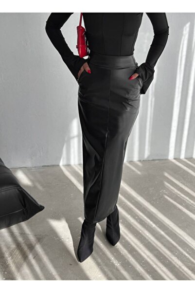 Varyete Fusta lungă cu buzunar din piele artificială pentru femei