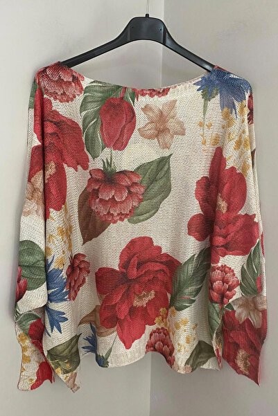 AYASOFYA OTANTIK Women's Italian White Glitter Floral Lace Patterned Batwing Sleeve Mercerized Blouse Sweater